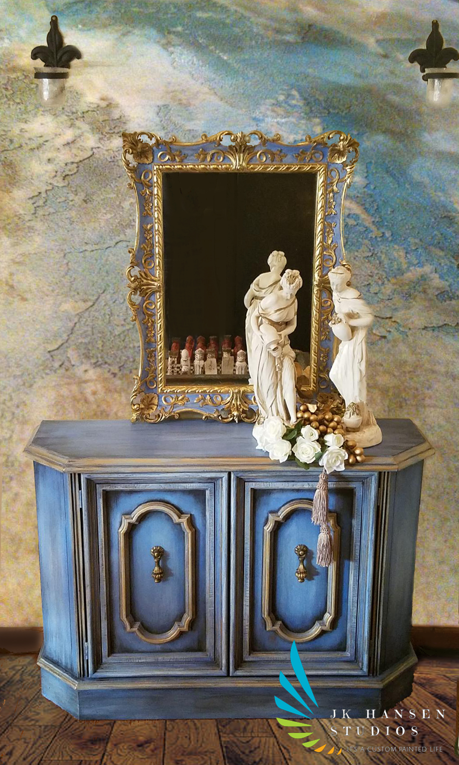 Blue Console Cabinet And Mirror Makeover Using A Blending